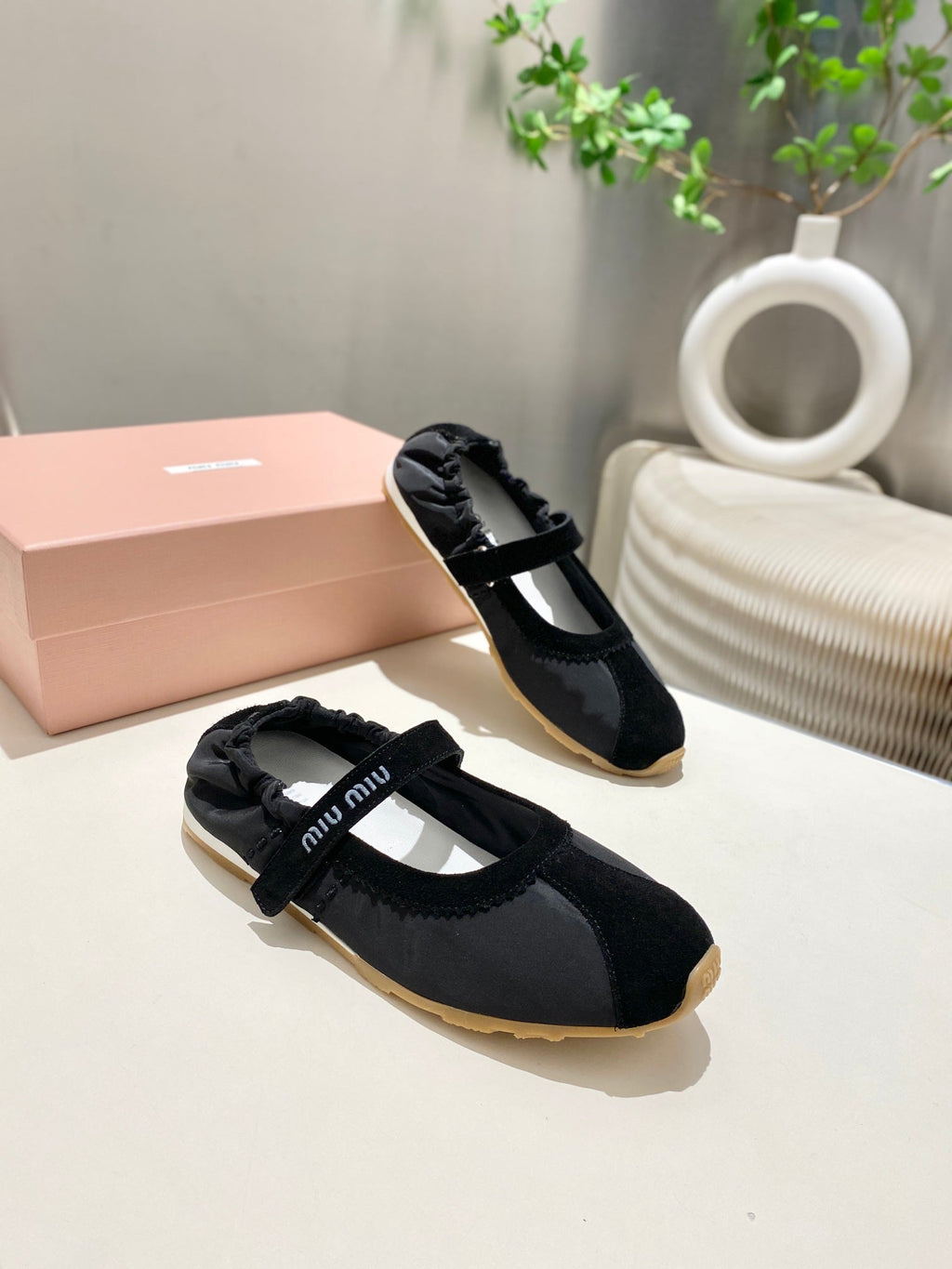 MIUMIU 26S RUCHES NAPPA BALLERINAS IN BLACK SUEDE AND FABRIC