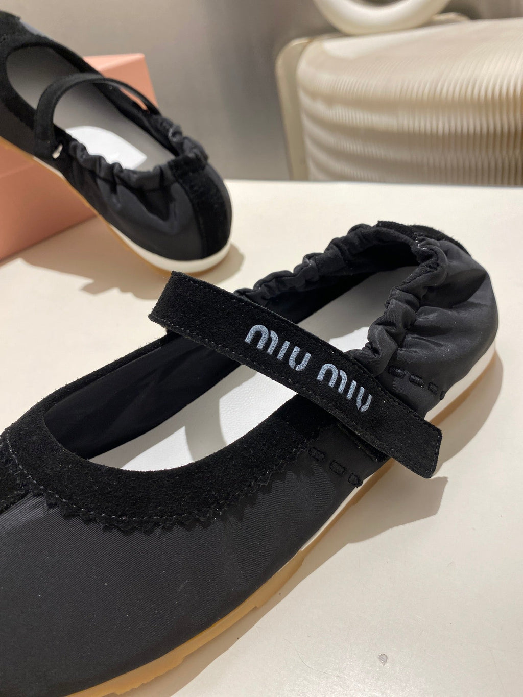 MIUMIU 26S RUCHES NAPPA BALLERINAS IN BLACK SUEDE AND FABRIC