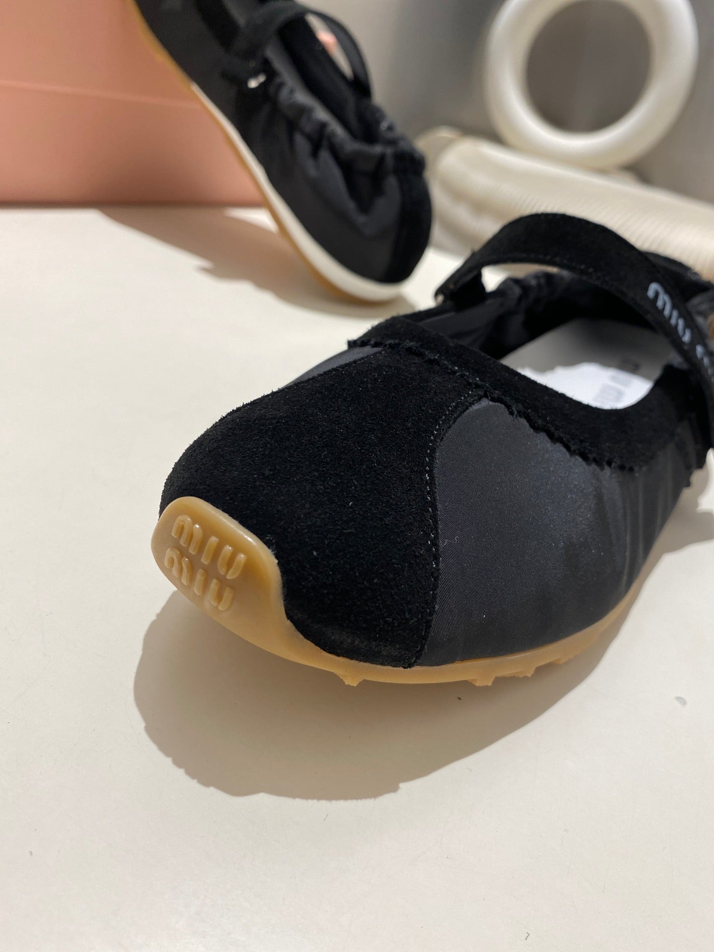 MIUMIU 26S RUCHES NAPPA BALLERINAS IN BLACK SUEDE AND FABRIC