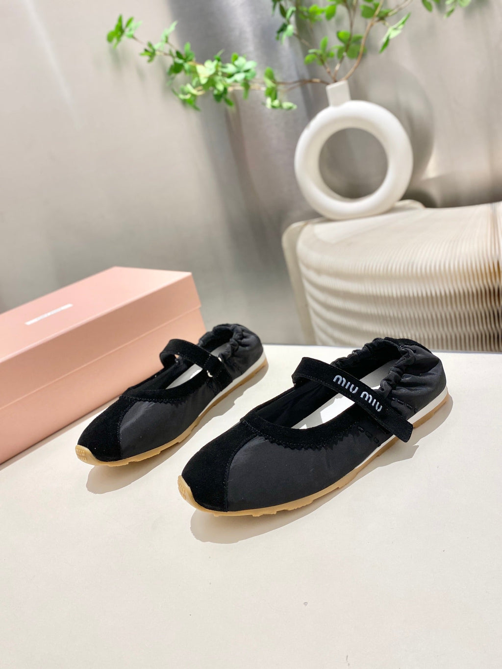 MIUMIU 26S RUCHES NAPPA BALLERINAS IN BLACK SUEDE AND FABRIC