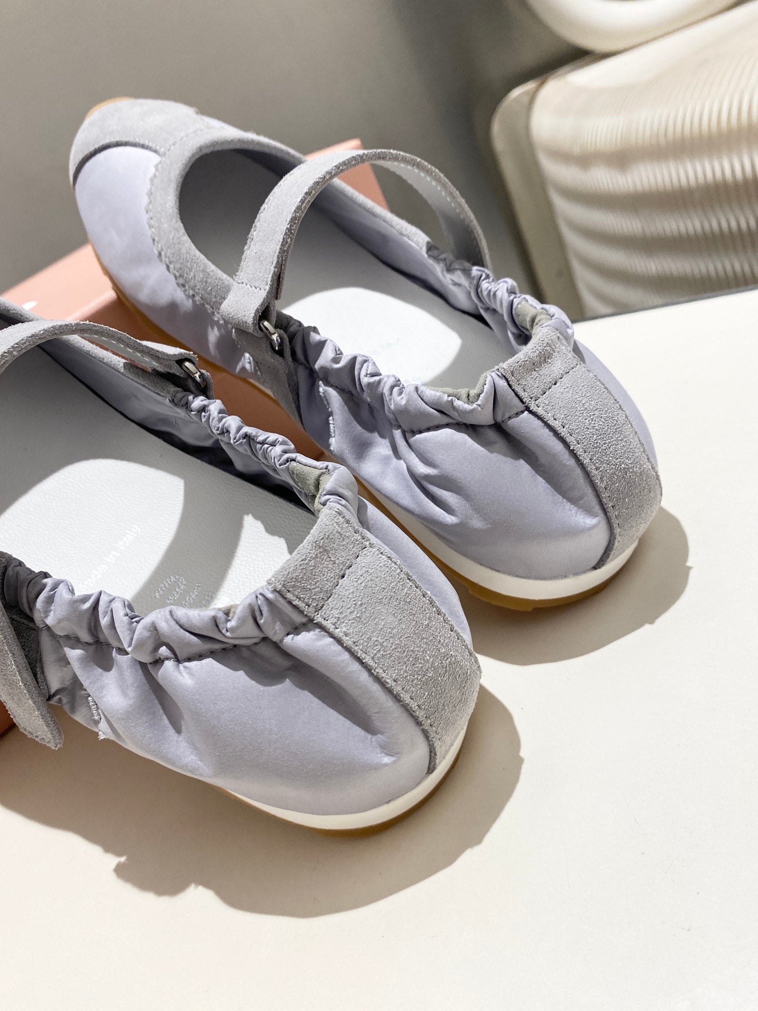 MIUMIU 26S BALLERINAS IN LILAC GREY FABRIC AND SUEDE