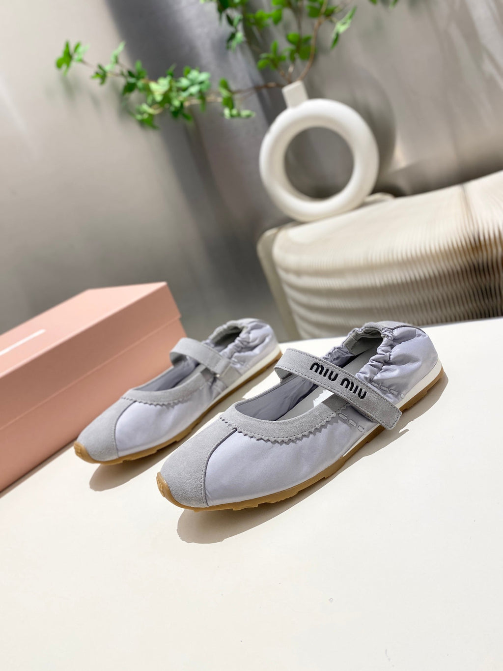 MIUMIU 26S BALLERINAS IN LILAC GREY FABRIC AND SUEDE