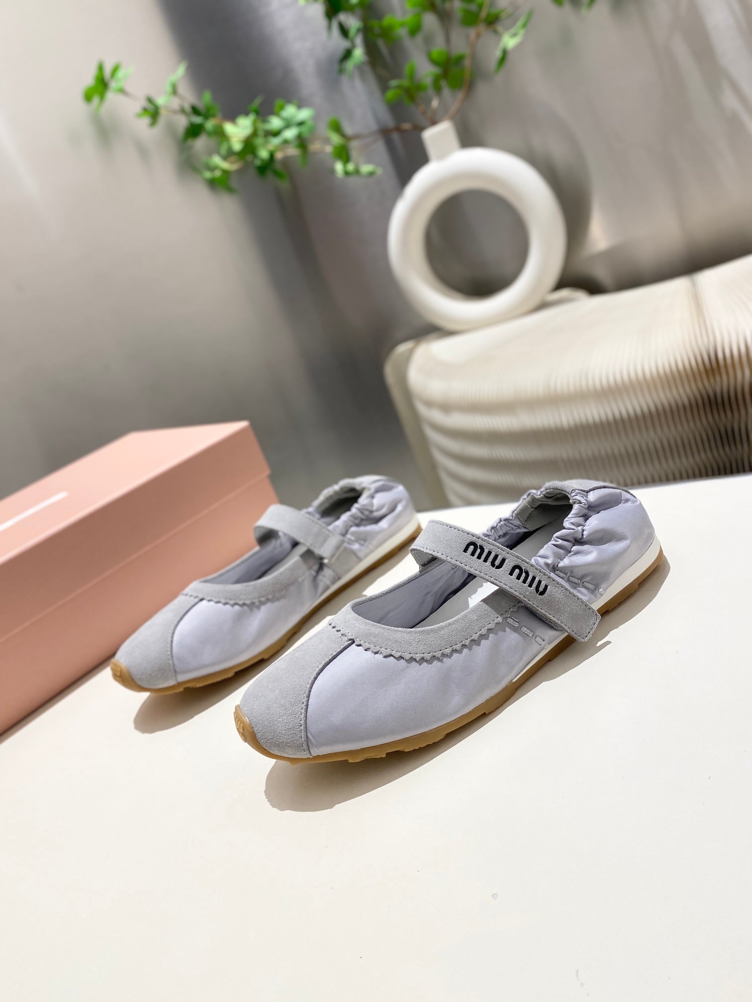 MIUMIU 26S BALLERINAS IN LILAC GREY FABRIC AND SUEDE