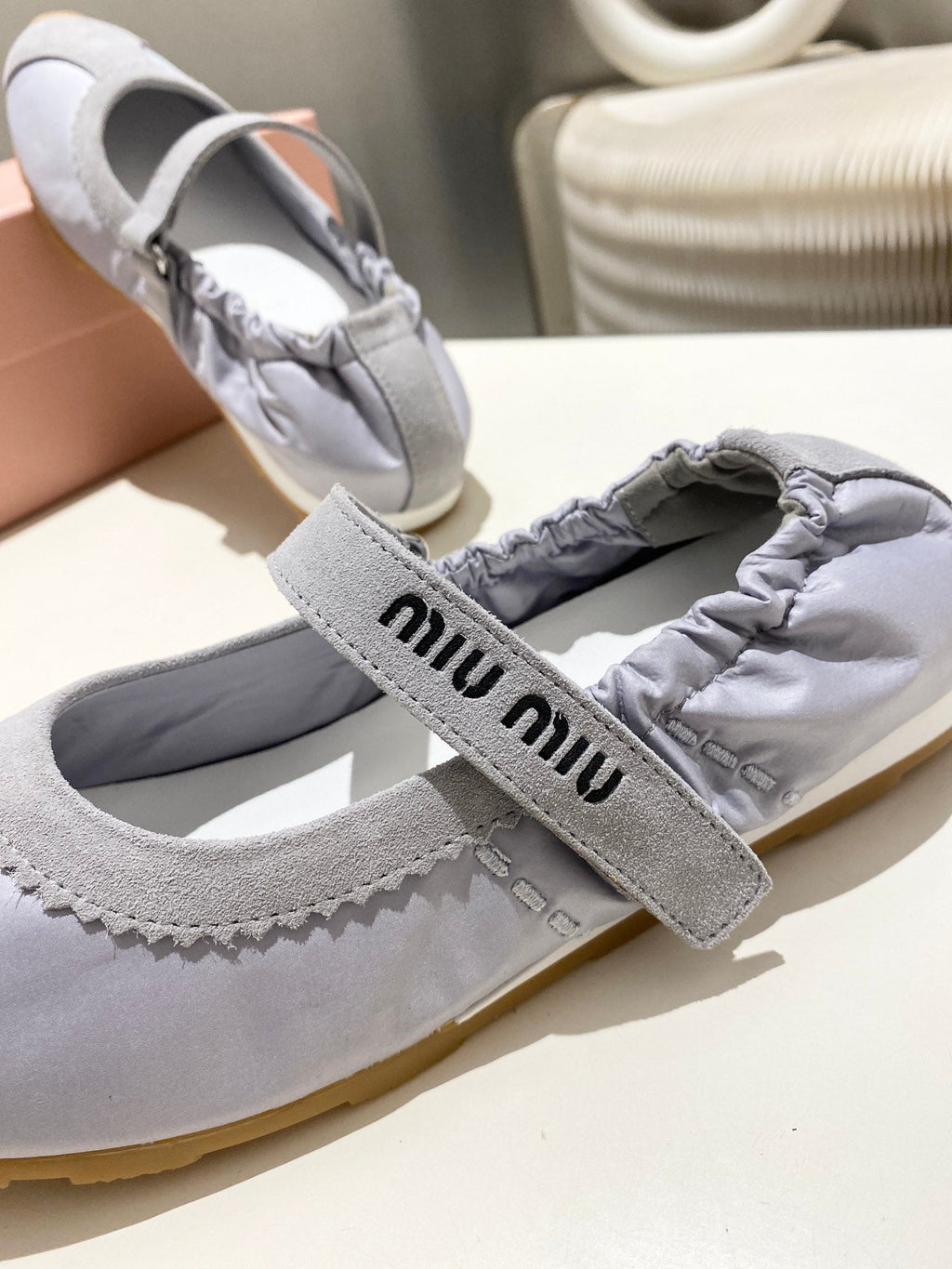 MIUMIU 26S BALLERINAS IN LILAC GREY FABRIC AND SUEDE
