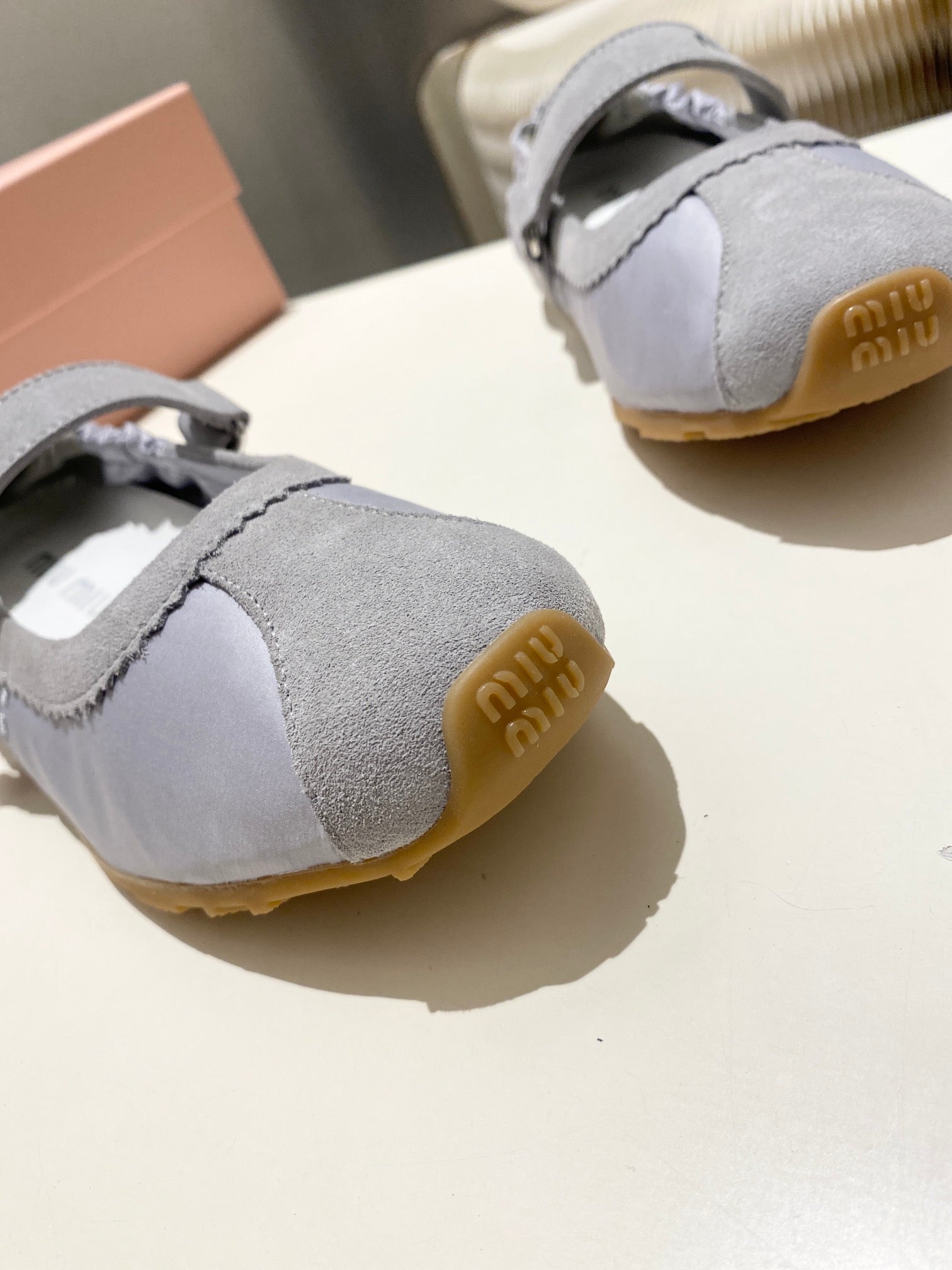 MIUMIU 26S BALLERINAS IN LILAC GREY FABRIC AND SUEDE