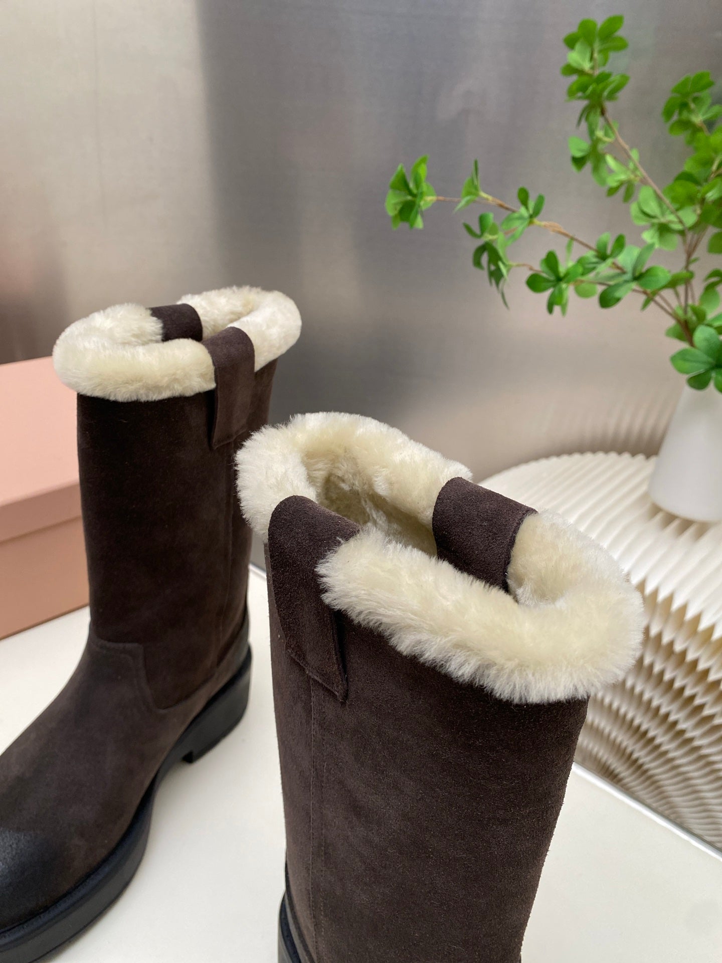 MIUMIU 26S MID CALF BOOT IN DARK BROWN  SUEDE AND SHEARLING