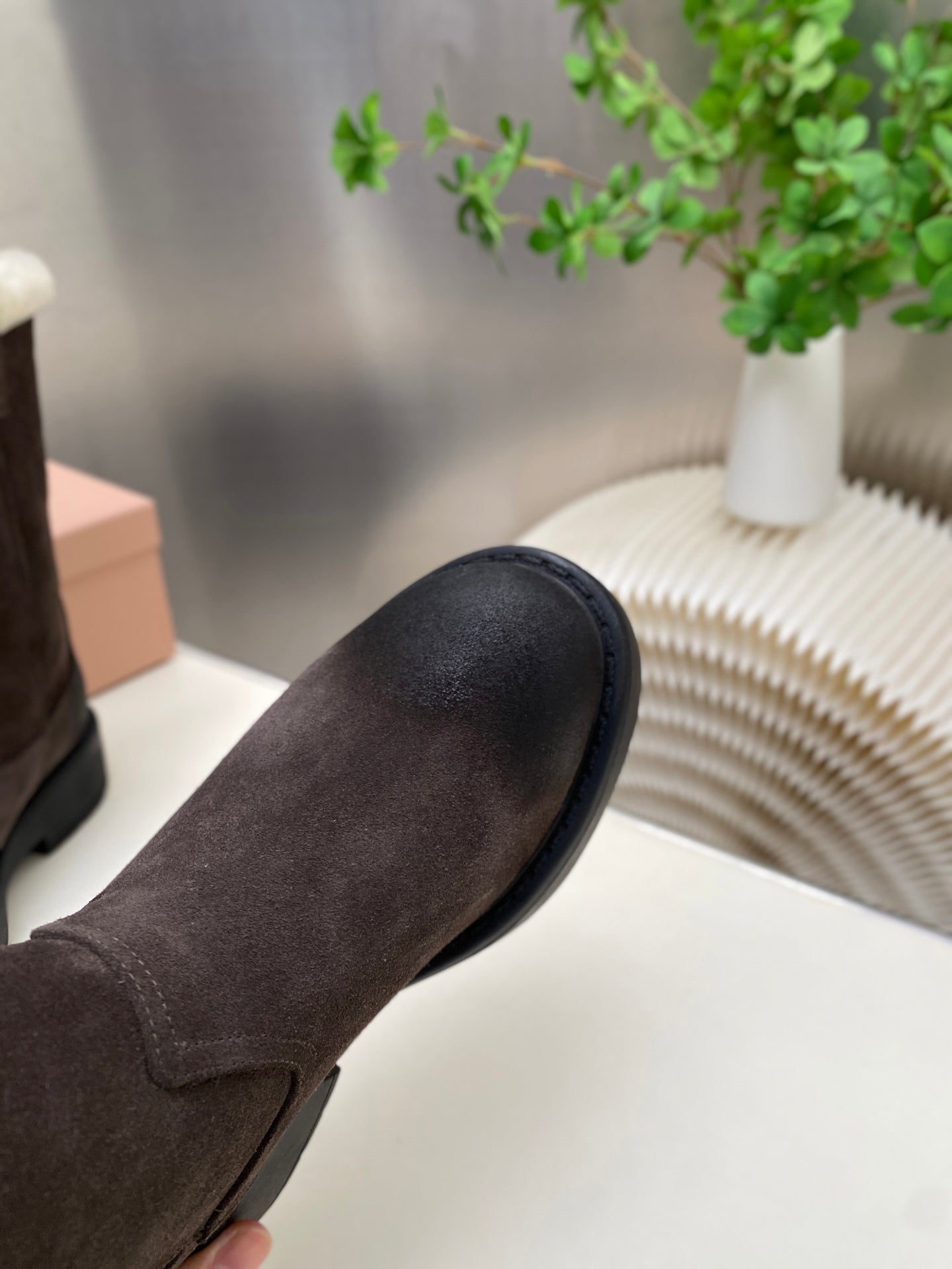 MIUMIU 26S MID CALF BOOT IN DARK BROWN  SUEDE AND SHEARLING