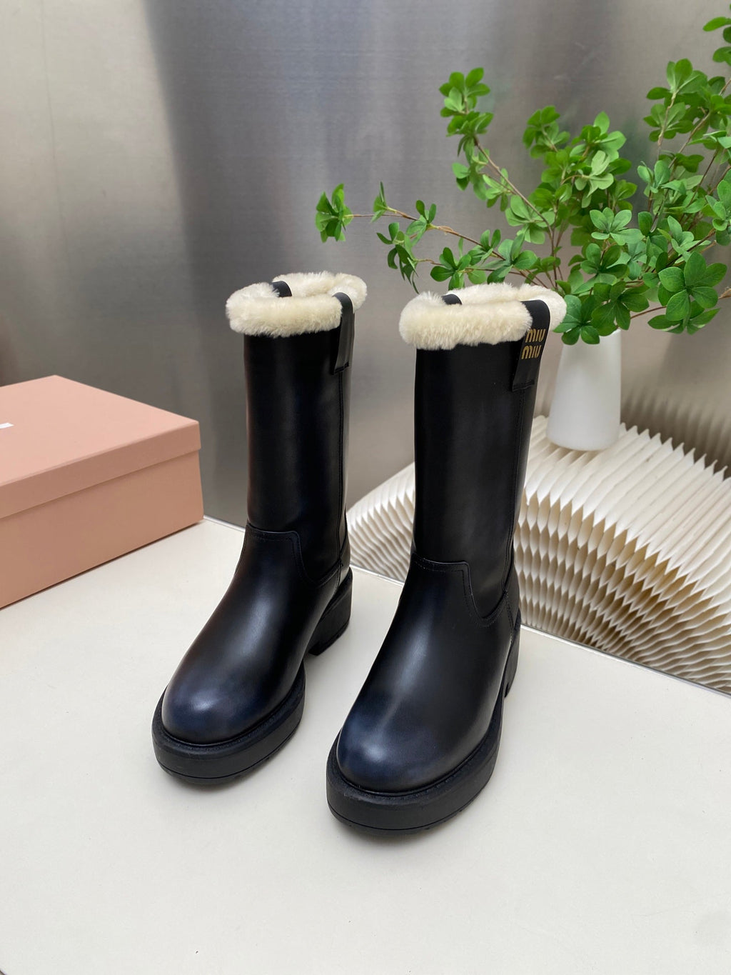MIUMIU 26S MID CALF BOOT IN BLACK CALFSKIN