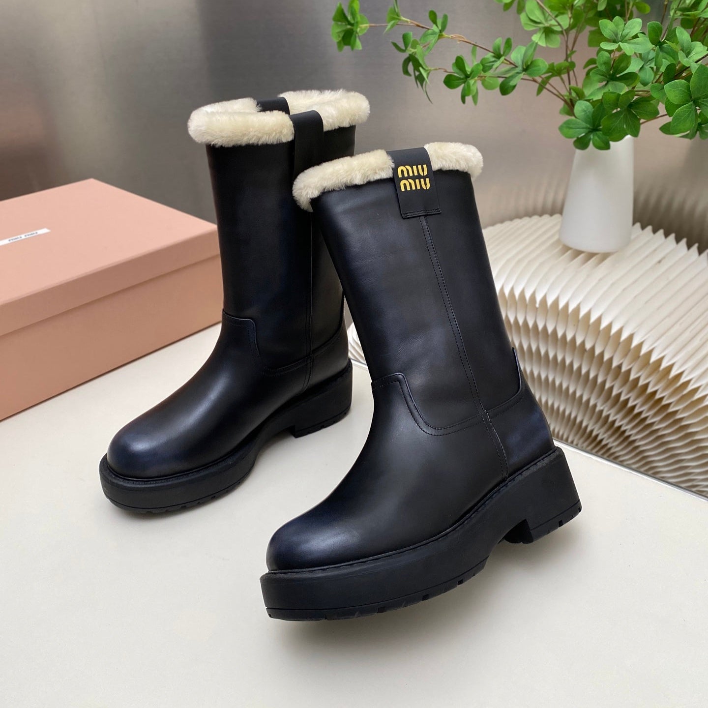 MIUMIU 26S MID CALF BOOT IN BLACK CALFSKIN