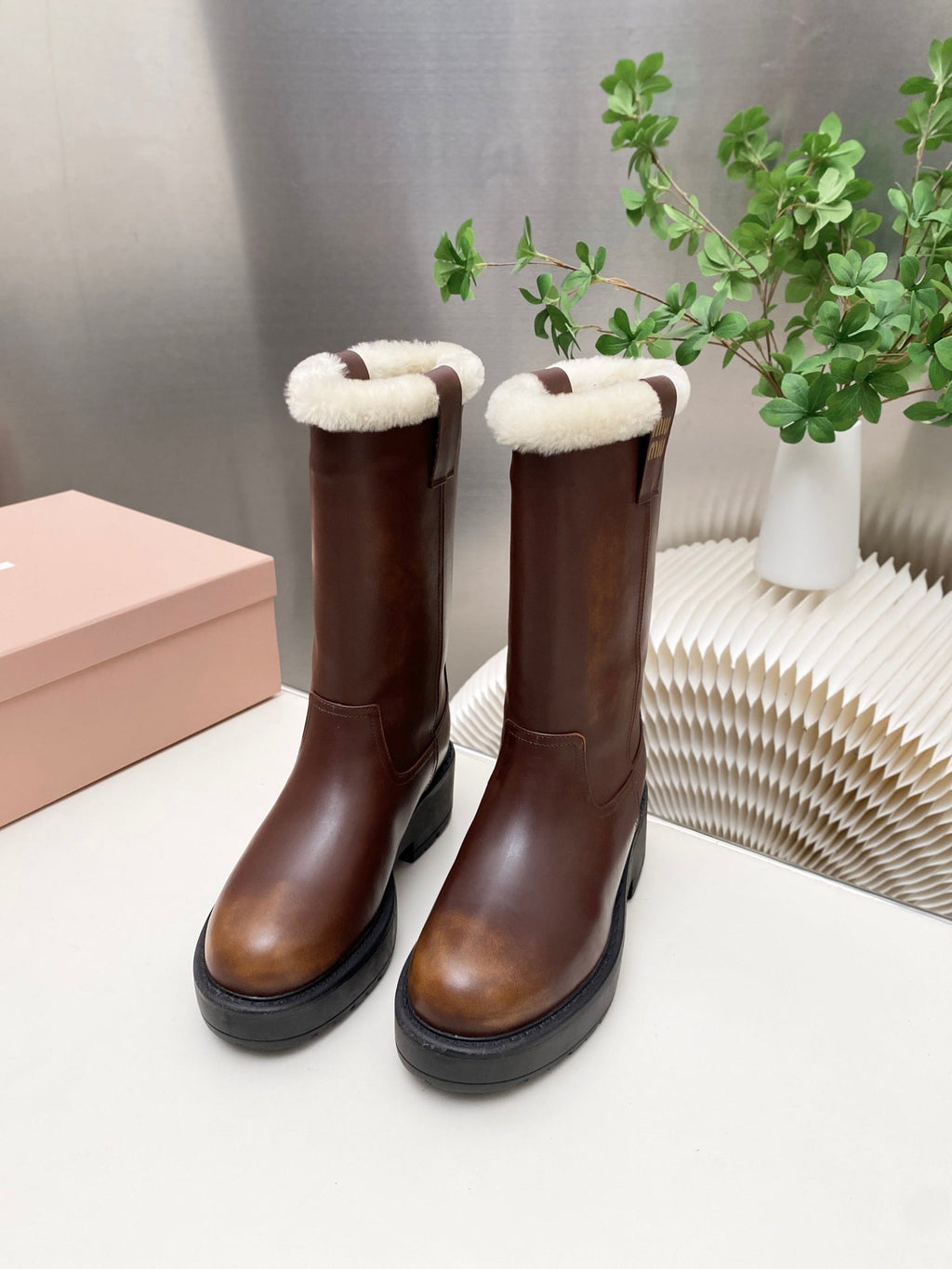 MIUMIU 26S MID CALF BOOT IN DARK BROWN CALFSKIN