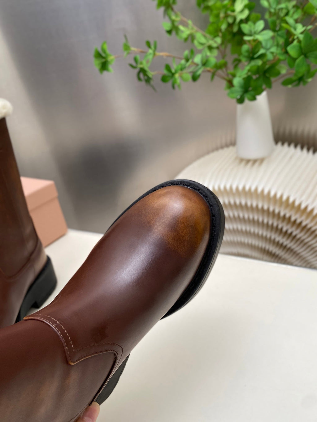 MIUMIU 26S MID CALF BOOT IN DARK BROWN CALFSKIN