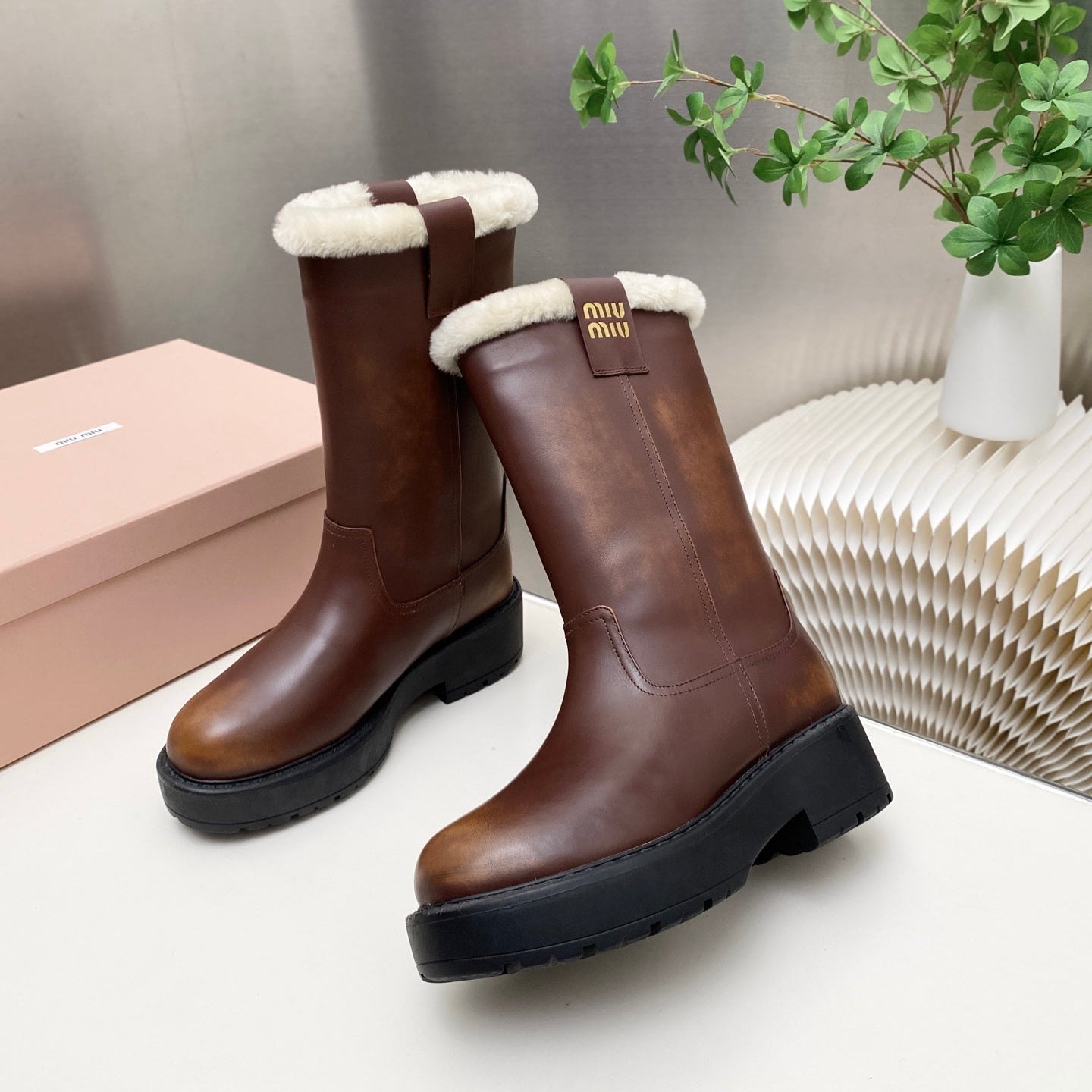 MIUMIU 26S MID CALF BOOT IN DARK BROWN CALFSKIN