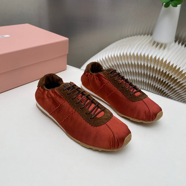 MIUMIU 26S SNEAKERS IN RUST RED PLUME SATIN
