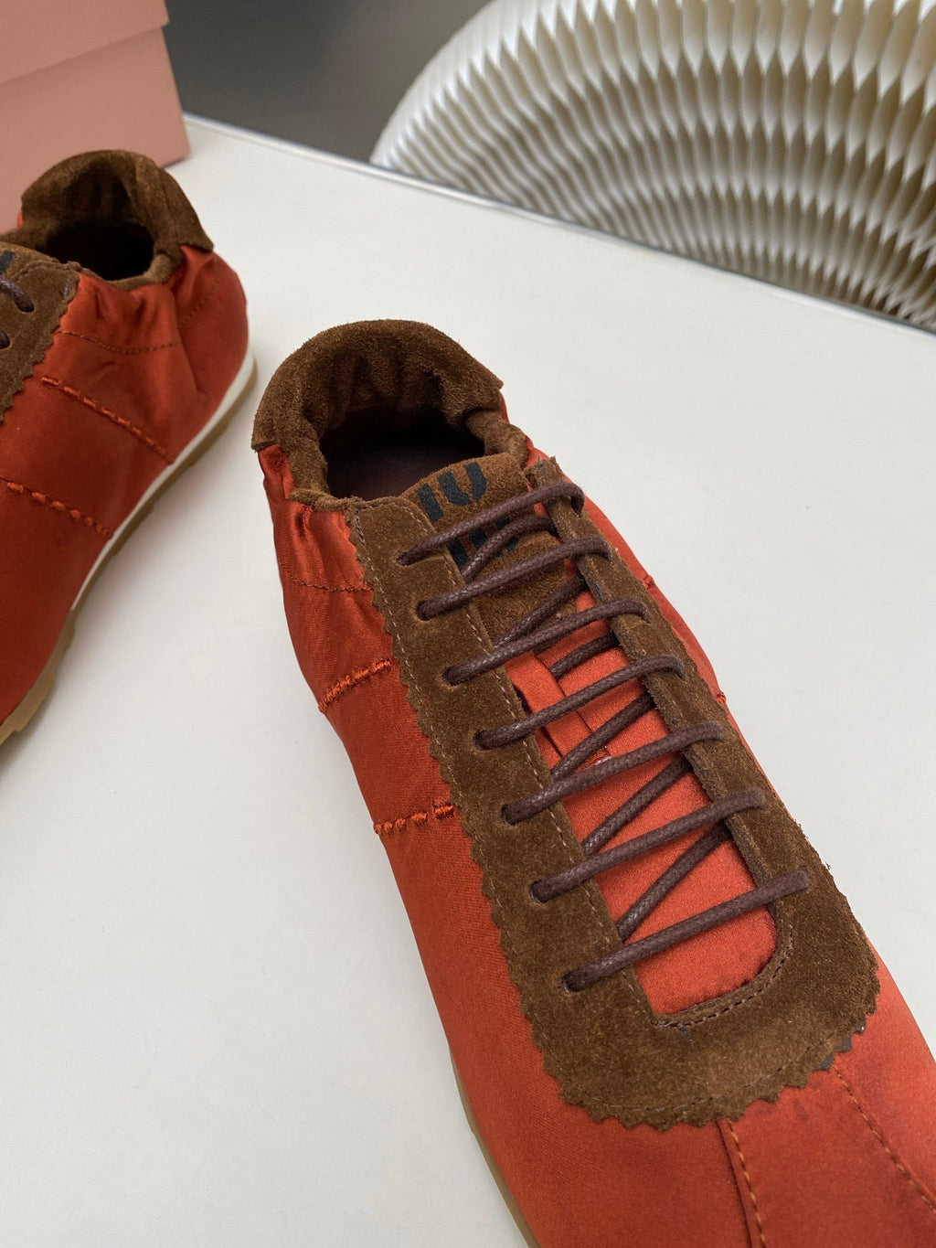 MIUMIU 26S SNEAKERS IN RUST RED PLUME SATIN