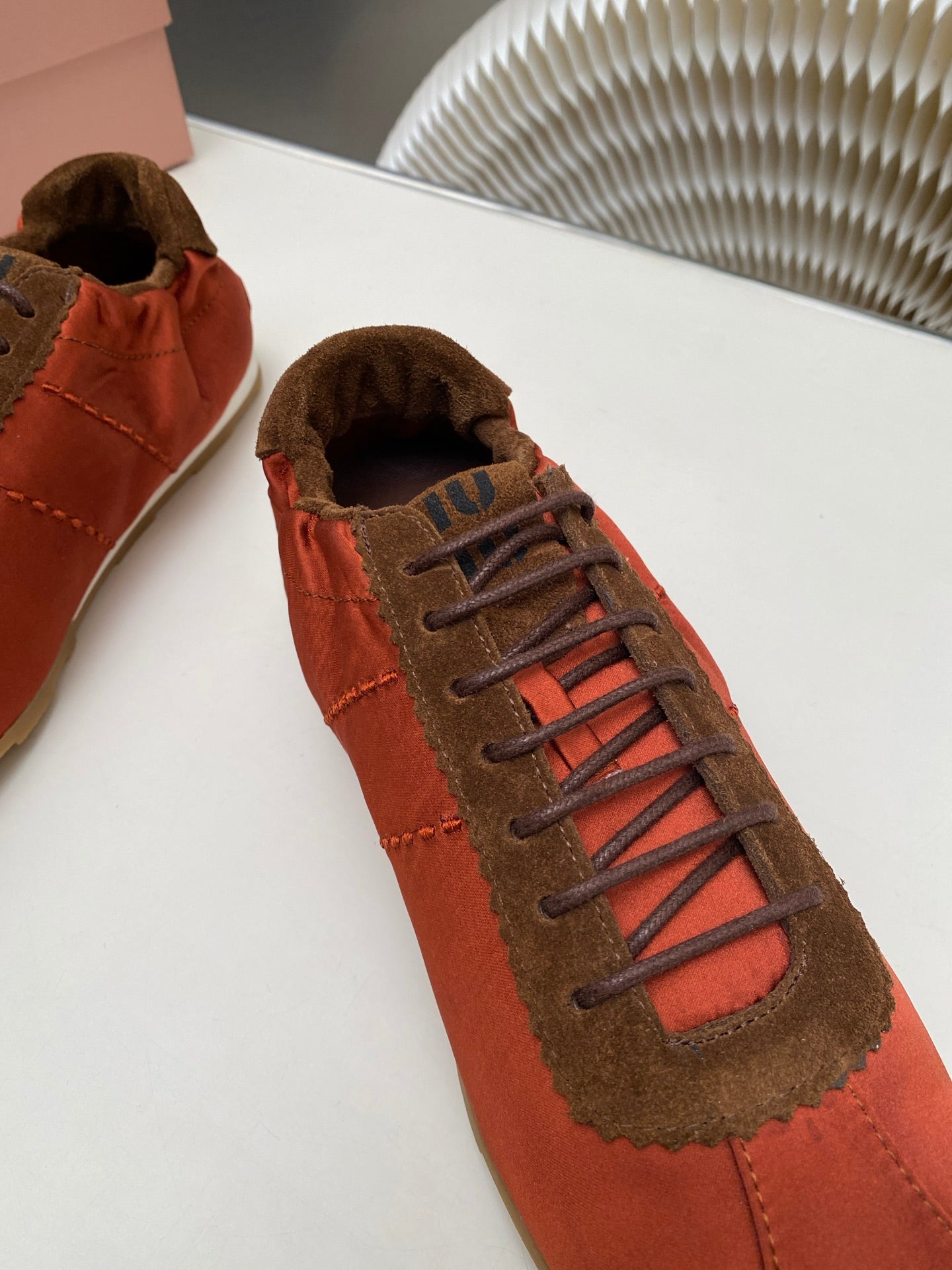 MIUMIU 26S SNEAKERS IN RUST RED PLUME SATIN