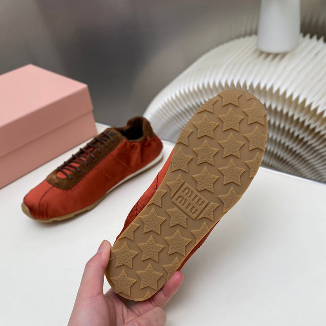 MIUMIU 26S SNEAKERS IN RUST RED PLUME SATIN