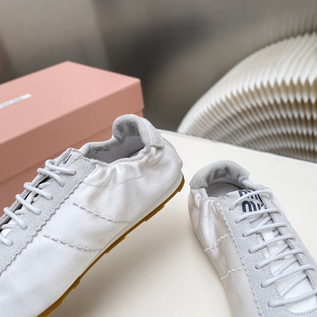 MIUMIU 26S SNEAKERS IN WHITE PLUME SATIN