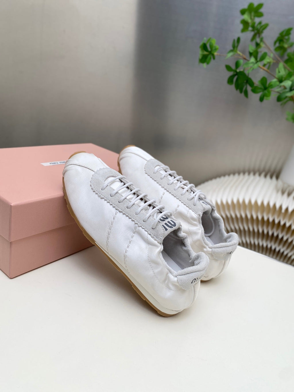 MIUMIU 26S SNEAKERS IN WHITE PLUME SATIN