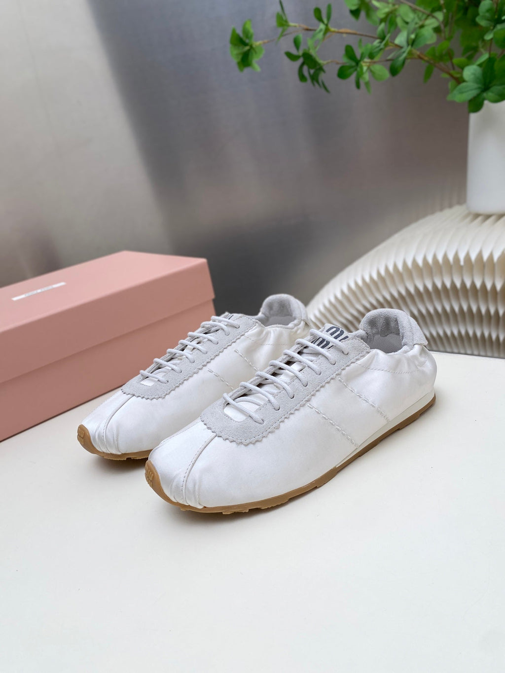 MIUMIU 26S SNEAKERS IN WHITE PLUME SATIN