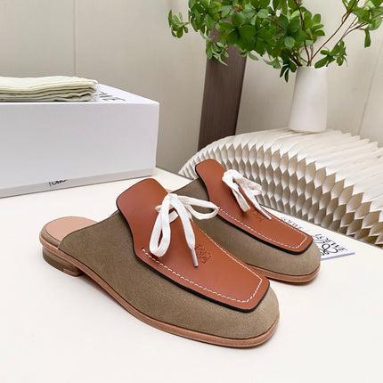 LOEWE 26S FLAT MULES IN BROWN CALFSKIN AND SUEDE
