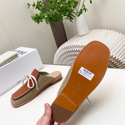 LOEWE 26S FLAT MULES IN BROWN CALFSKIN AND SUEDE