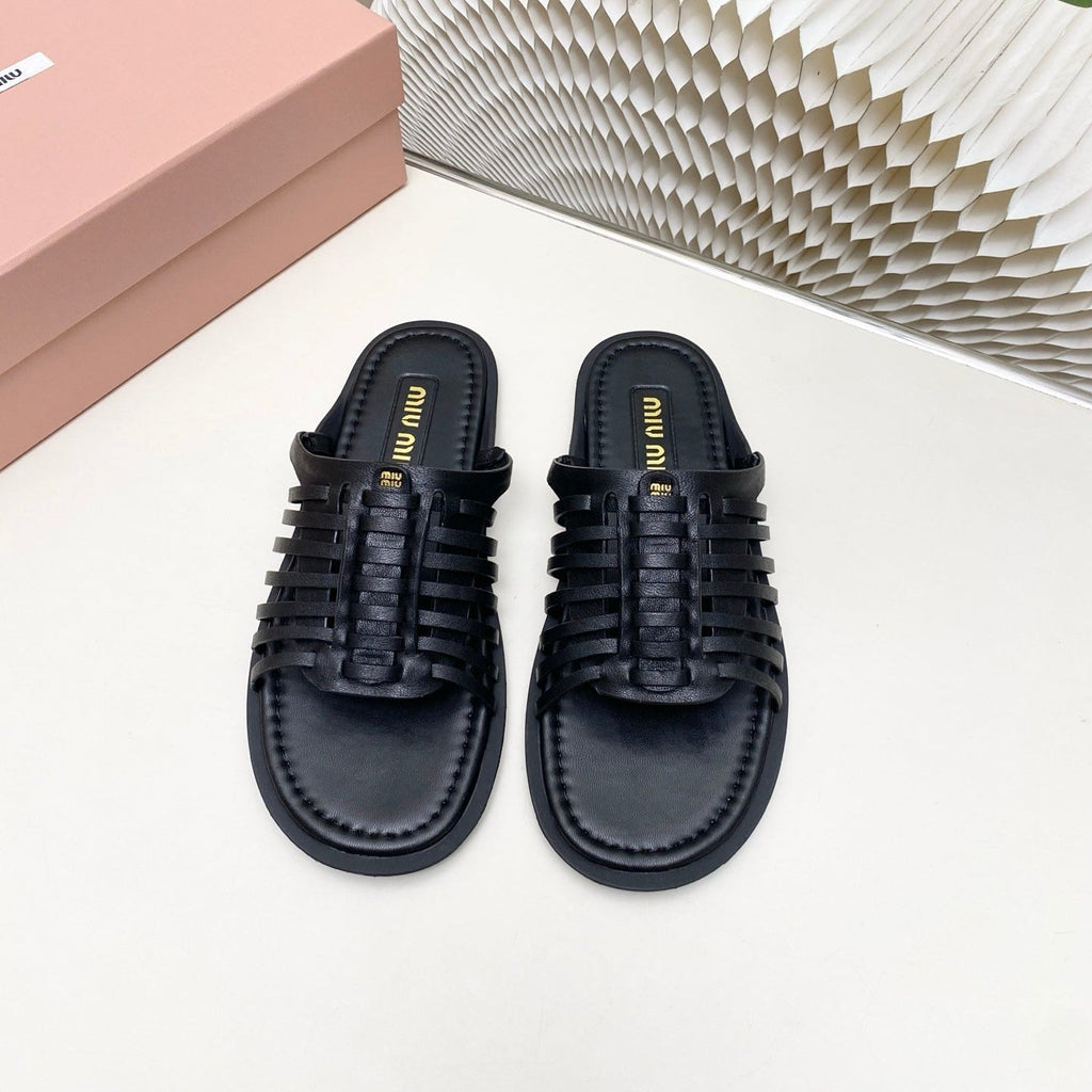 MIUMIU 26S SLIDES SANDAL IN BLACK CALFSKIN