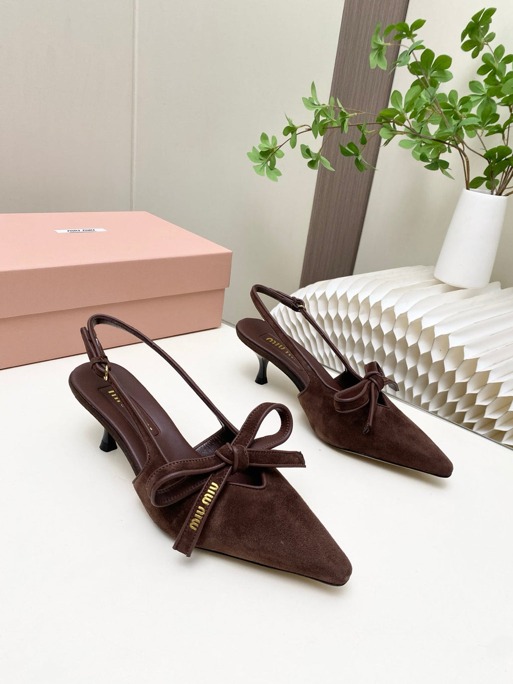 MIUMIU 26S SLINGBACK PUMPS 55MM IN DARK BROWN SUEDE WITH BOW