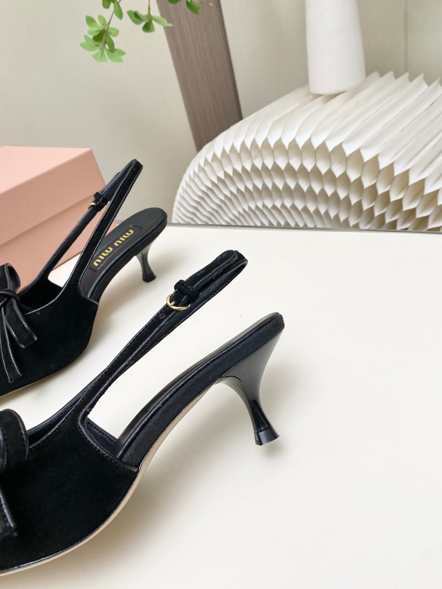 MIUMIU 26S SLINGBACK PUMPS 55MM IN BLACK SUEDE WITH BOW