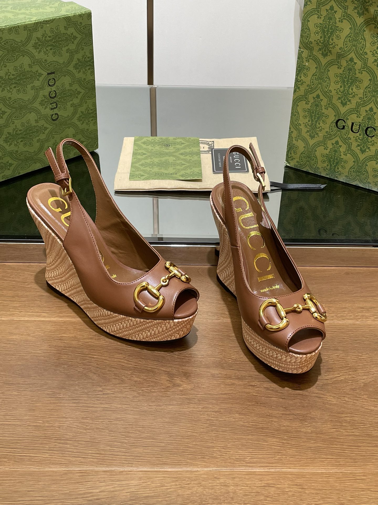 GG WEDGE PLATFORM IN CHOCOLATE BROWN CALFSKIN WITH GOLD HARDWARE