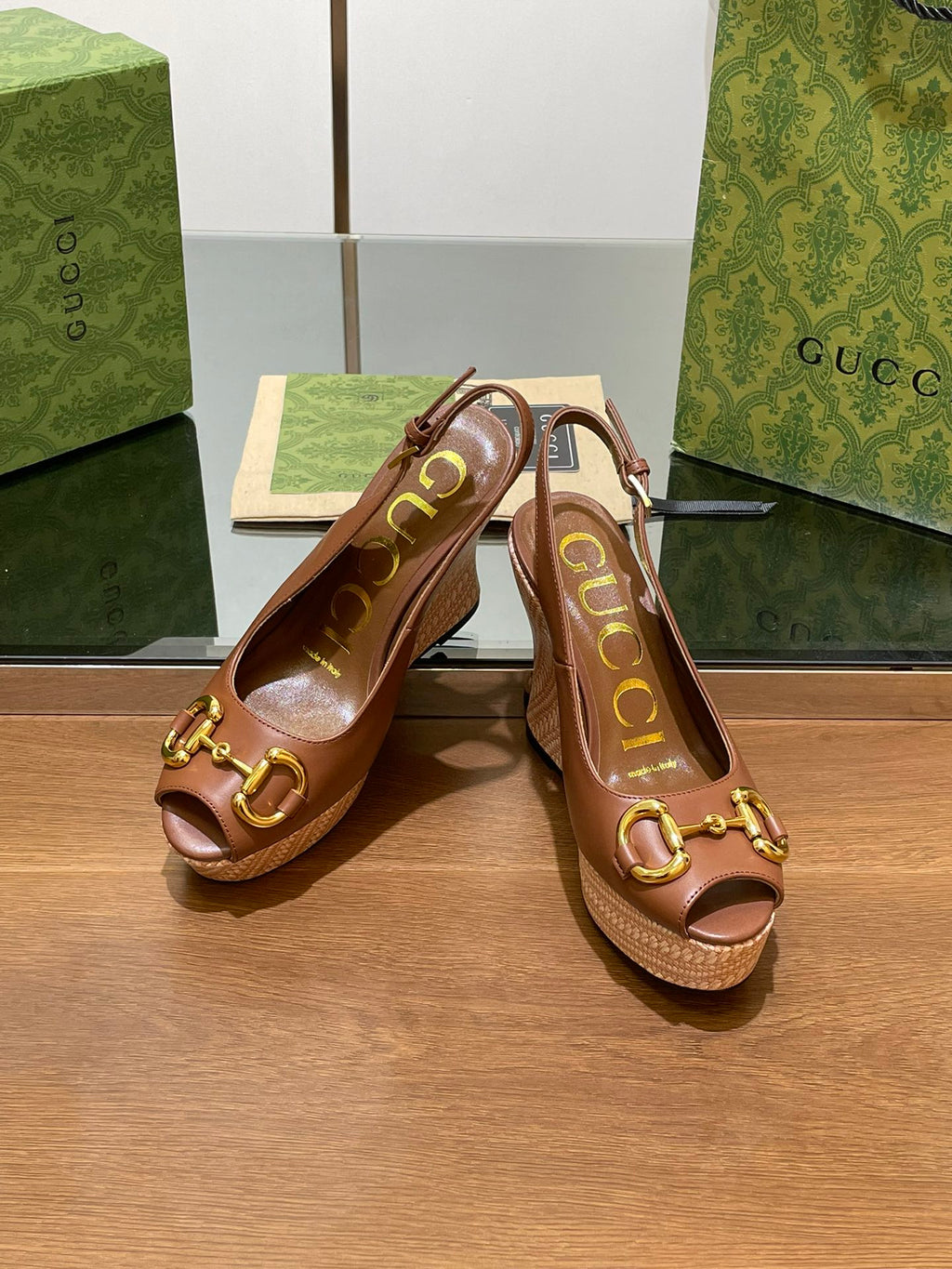 GG WEDGE PLATFORM IN CHOCOLATE BROWN CALFSKIN WITH GOLD HARDWARE