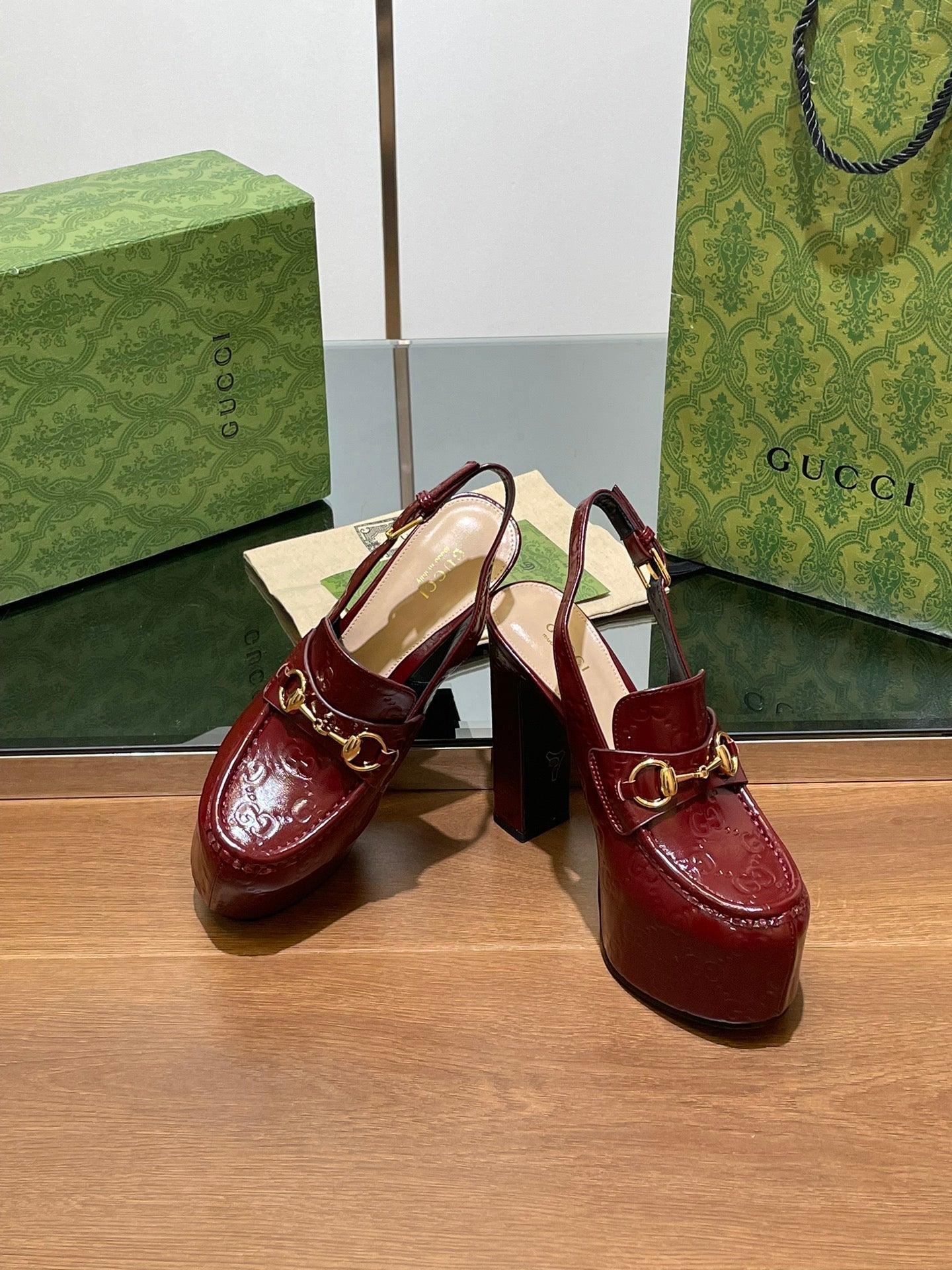 GG WOMEN'S HORSEBIT PLATFORM LOAFER SLINGBACK IN  ROSSO ANCORA RED CALFSKIN