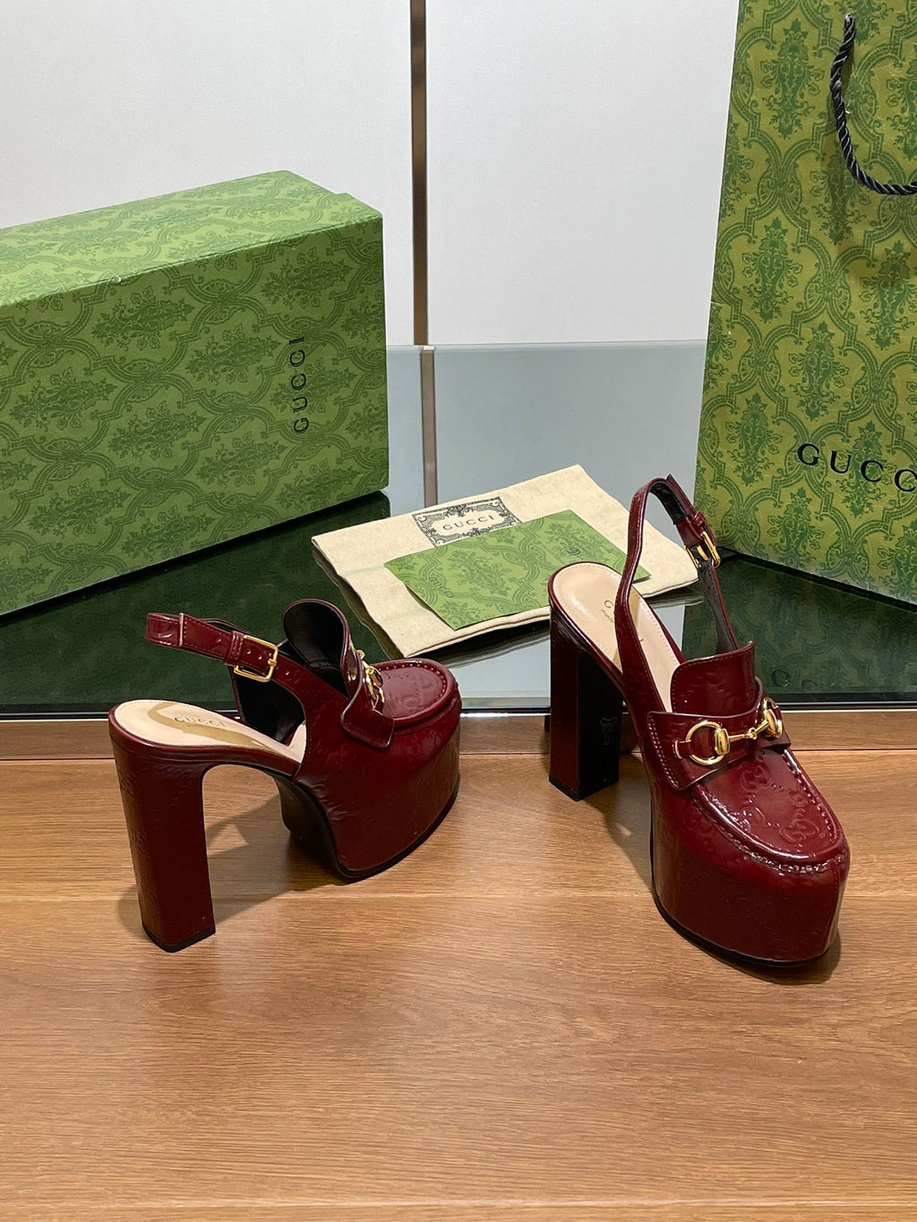 GG WOMEN'S HORSEBIT PLATFORM LOAFER SLINGBACK IN  ROSSO ANCORA RED CALFSKIN