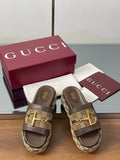 HIGH 5.5 CM WEDGE SANDALS IN BROWN MIX BEIGE CALFSKIN AND FABRIC