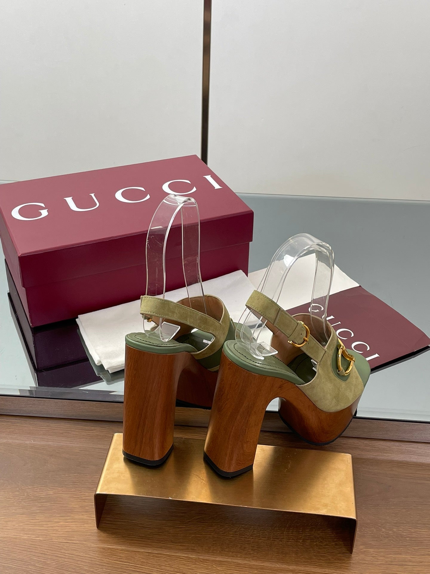 HIGH HEEL SANDALS 13 CM IN MOSS GREEN CALFSKIN MIX SUEDE GOLD HARDWARE