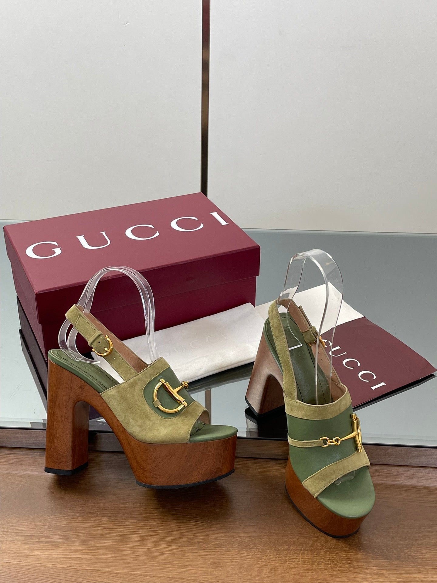 HIGH HEEL SANDALS 13 CM IN MOSS GREEN CALFSKIN MIX SUEDE GOLD HARDWARE