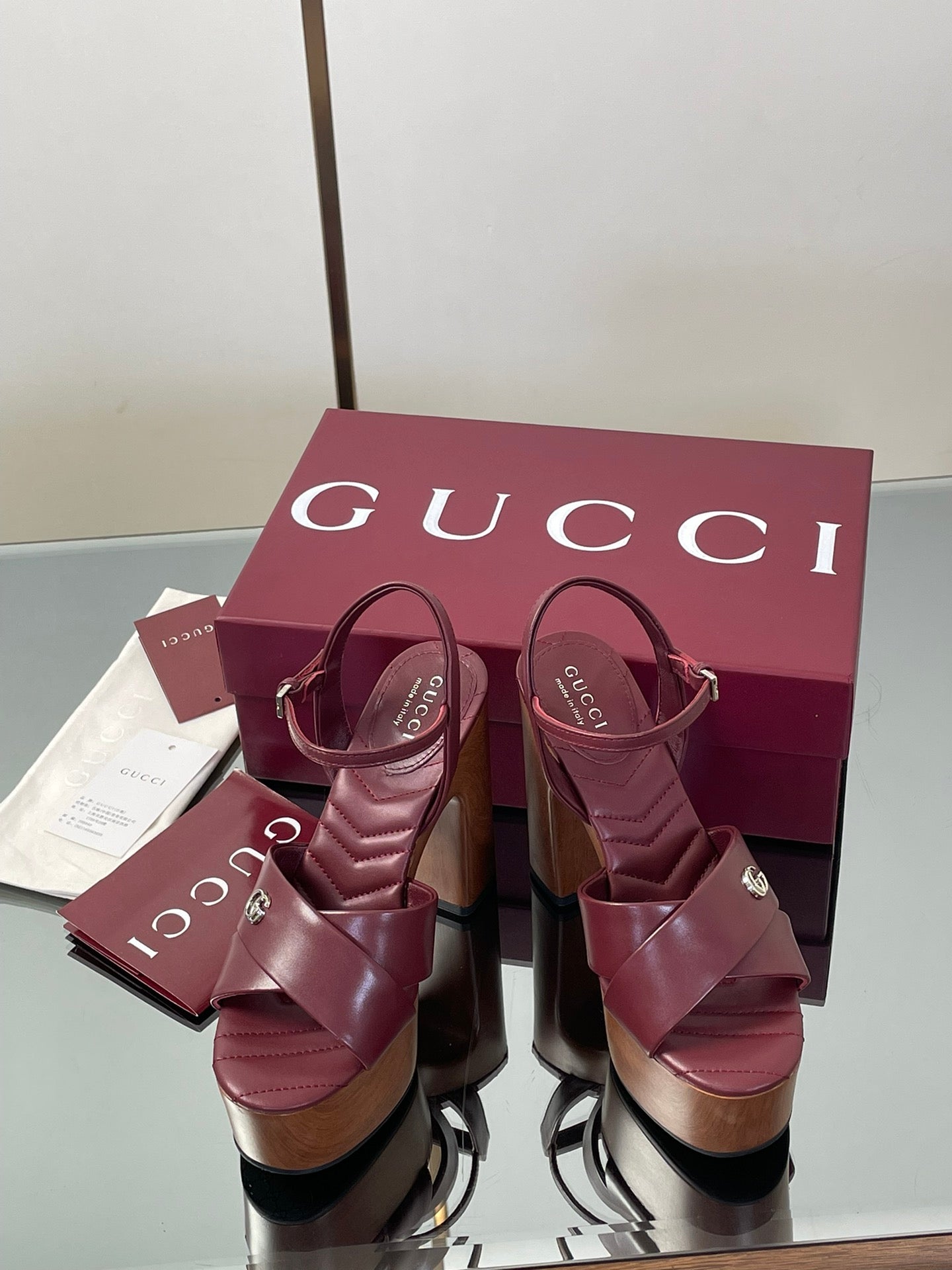 GUCCI 26S DOUBLE G LOGO PLATFORM SANDAL HEELS 130MM IN BURGUNDY RED CALFSKIN