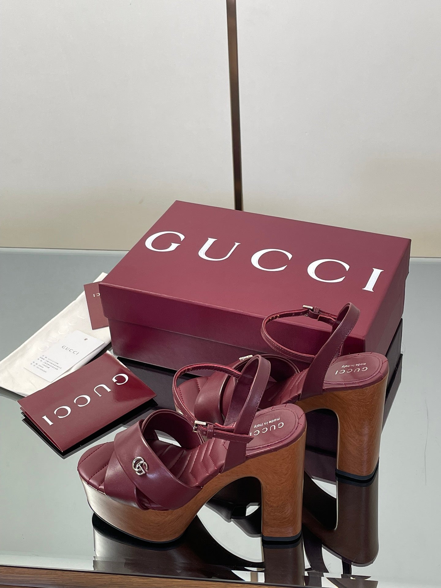 GUCCI 26S DOUBLE G LOGO PLATFORM SANDAL HEELS 130MM IN BURGUNDY RED CALFSKIN