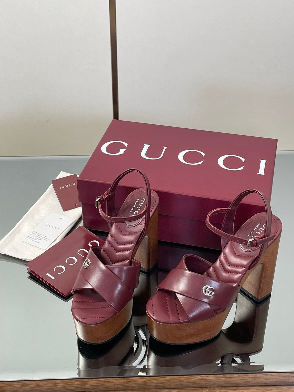GUCCI 26S DOUBLE G LOGO PLATFORM SANDAL HEELS 130MM IN BURGUNDY RED CALFSKIN