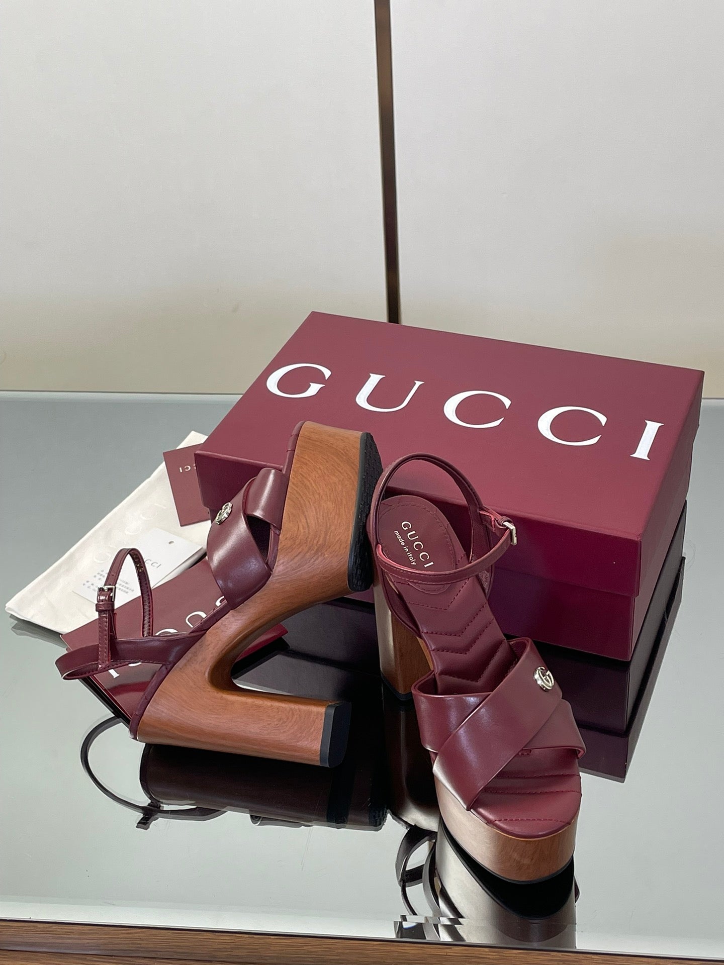 GUCCI 26S DOUBLE G LOGO PLATFORM SANDAL HEELS 130MM IN BURGUNDY RED CALFSKIN