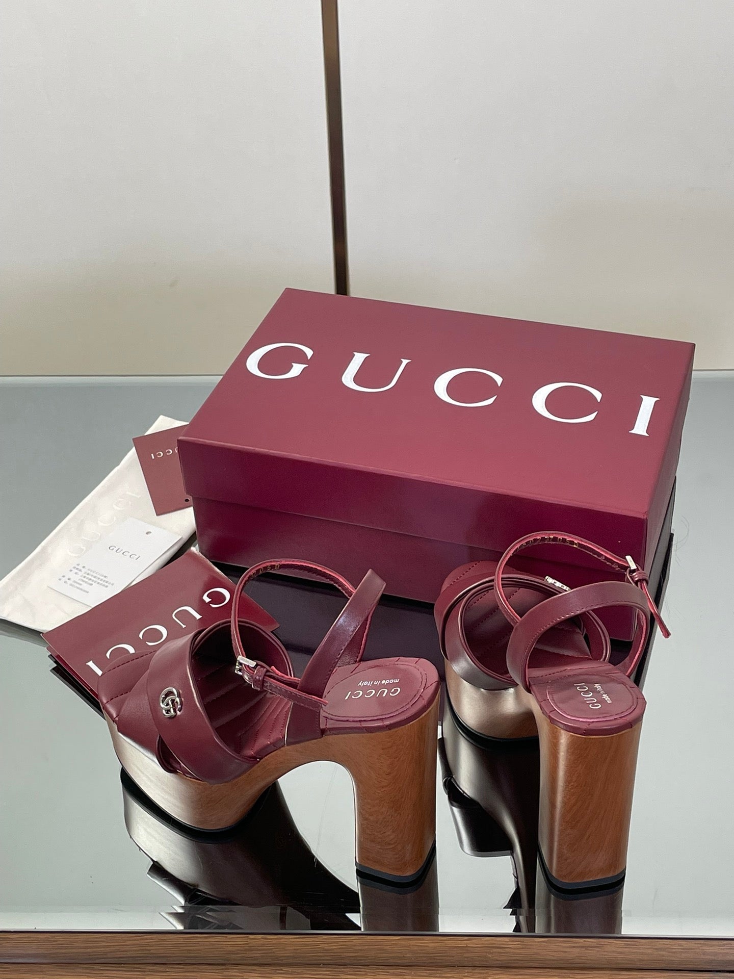 GUCCI 26S DOUBLE G LOGO PLATFORM SANDAL HEELS 130MM IN BURGUNDY RED CALFSKIN