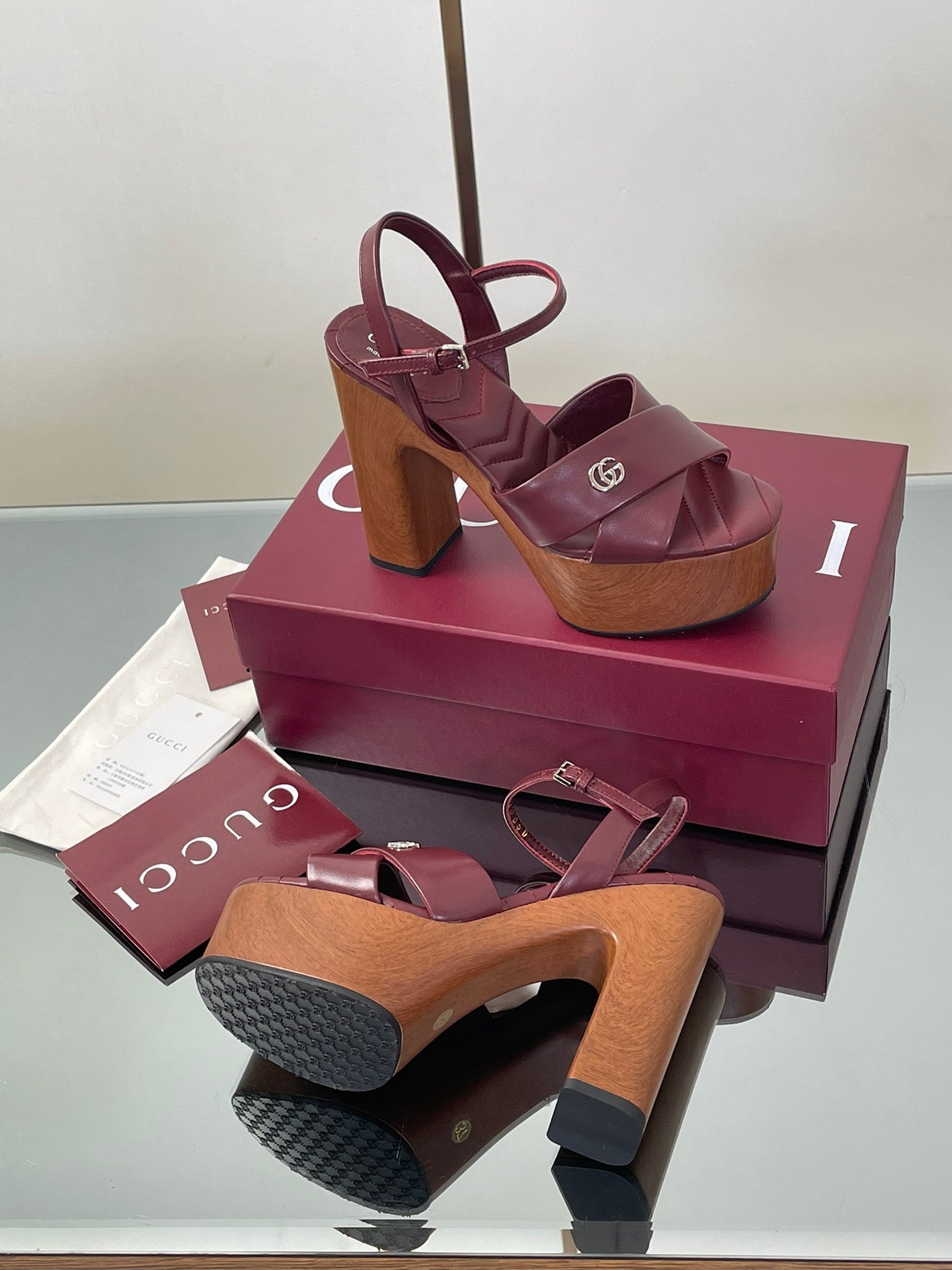 GUCCI 26S DOUBLE G LOGO PLATFORM SANDAL HEELS 130MM IN BURGUNDY RED CALFSKIN
