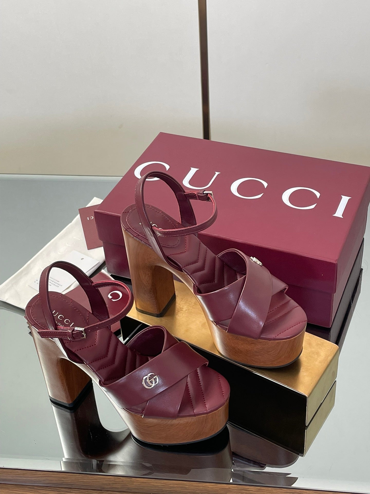 GUCCI 26S DOUBLE G LOGO PLATFORM SANDAL HEELS 130MM IN BURGUNDY RED CALFSKIN