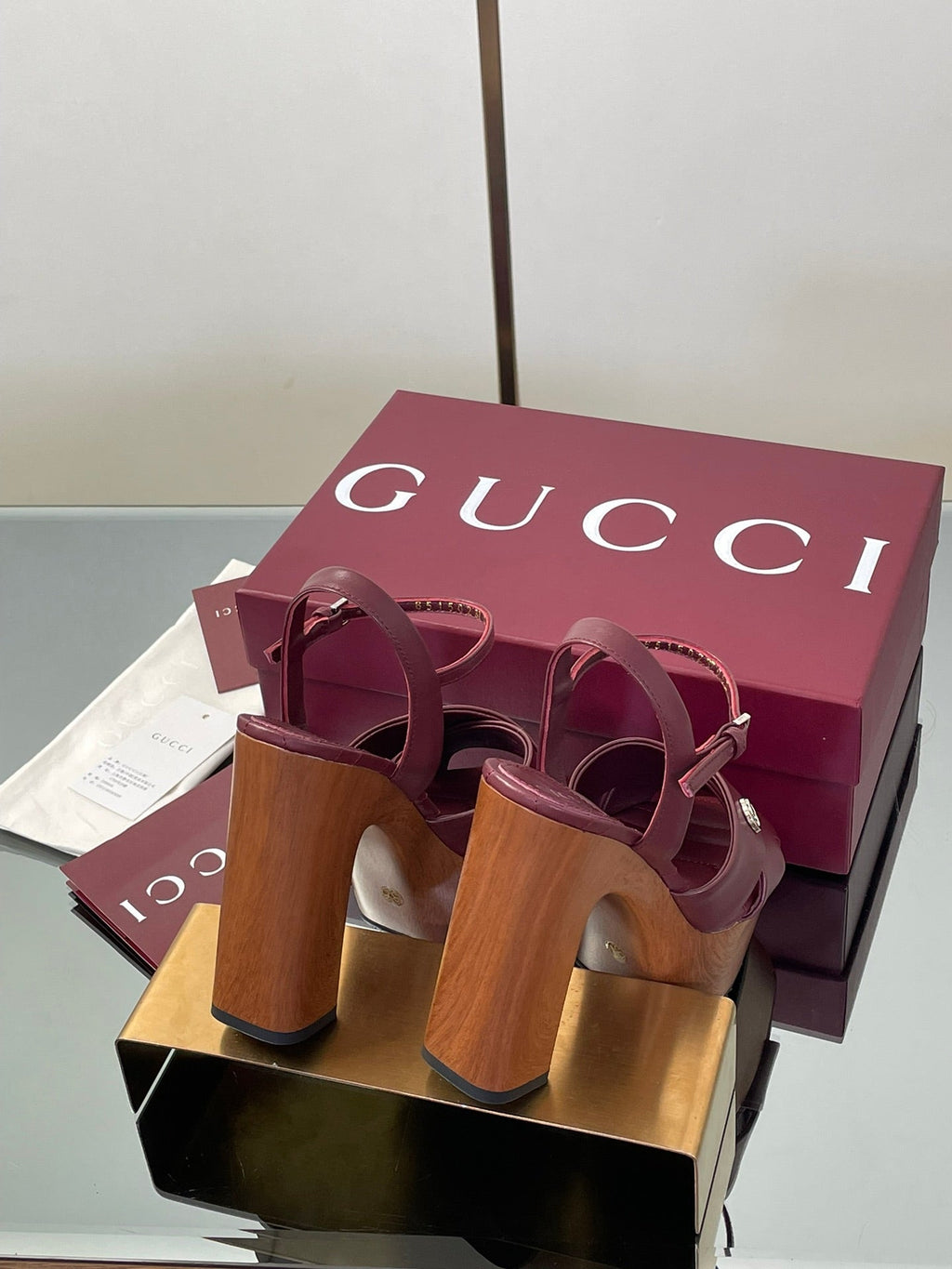 GUCCI 26S DOUBLE G LOGO PLATFORM SANDAL HEELS 130MM IN BURGUNDY RED CALFSKIN