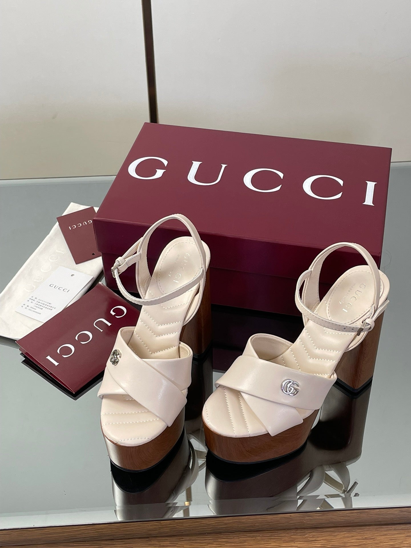 GUCCI 26S DOUBLE G LOGO PLATFORM SANDAL HEELS 130MM IN IVORY WHITE CALFSKIN