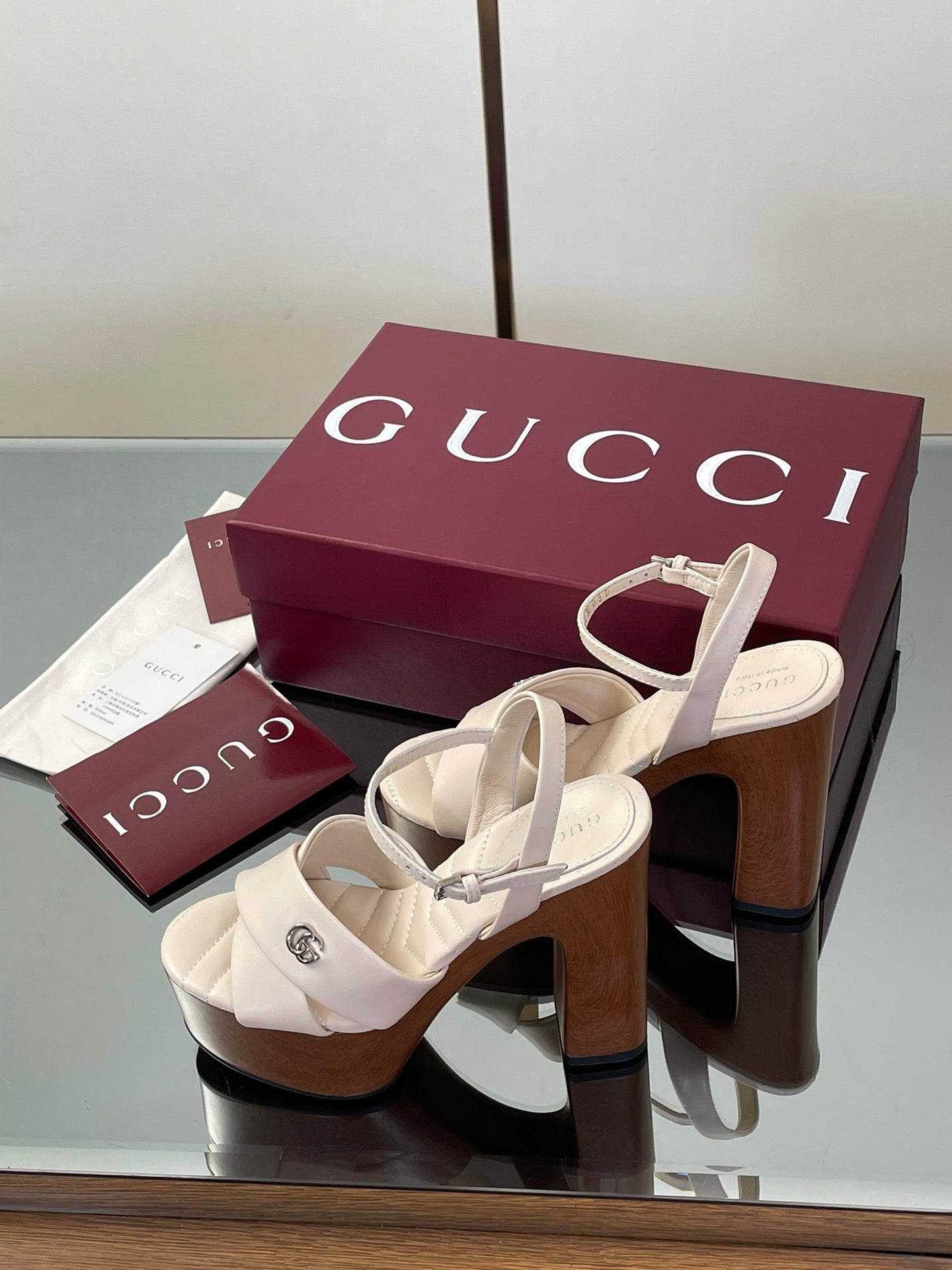 GUCCI 26S DOUBLE G LOGO PLATFORM SANDAL HEELS 130MM IN IVORY WHITE CALFSKIN