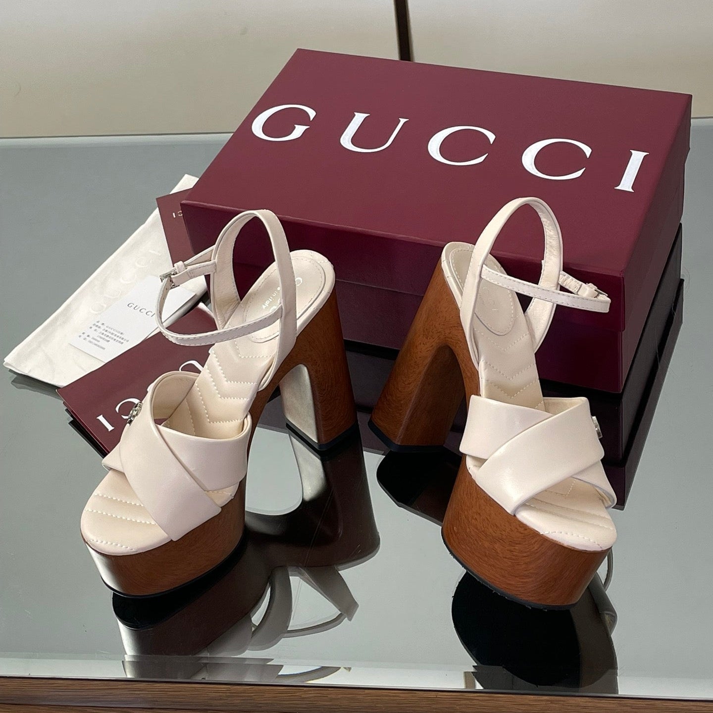 GUCCI 26S DOUBLE G LOGO PLATFORM SANDAL HEELS 130MM IN IVORY WHITE CALFSKIN
