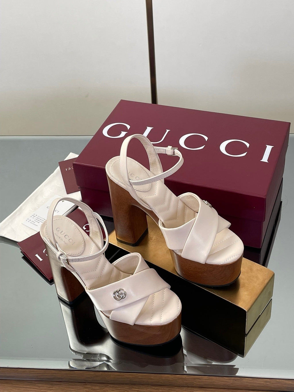 GUCCI 26S DOUBLE G LOGO PLATFORM SANDAL HEELS 130MM IN IVORY WHITE CALFSKIN