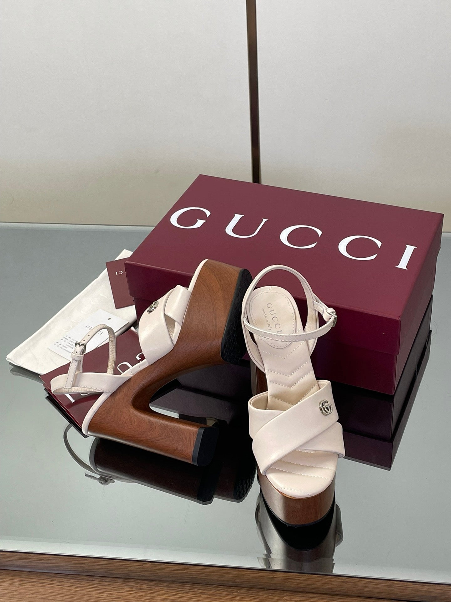 GUCCI 26S DOUBLE G LOGO PLATFORM SANDAL HEELS 130MM IN IVORY WHITE CALFSKIN