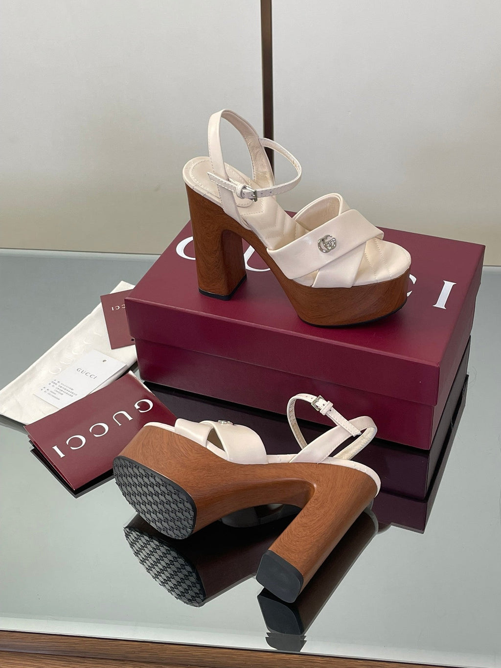 GUCCI 26S DOUBLE G LOGO PLATFORM SANDAL HEELS 130MM IN IVORY WHITE CALFSKIN