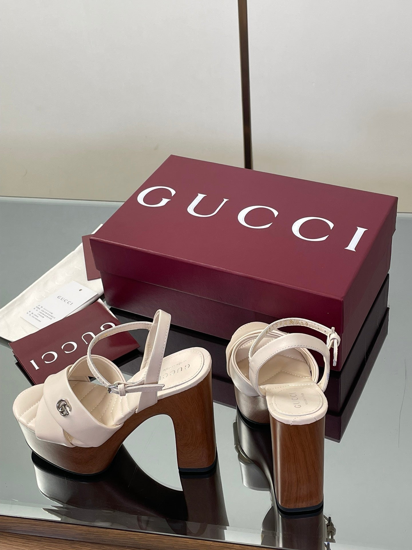 GUCCI 26S DOUBLE G LOGO PLATFORM SANDAL HEELS 130MM IN IVORY WHITE CALFSKIN